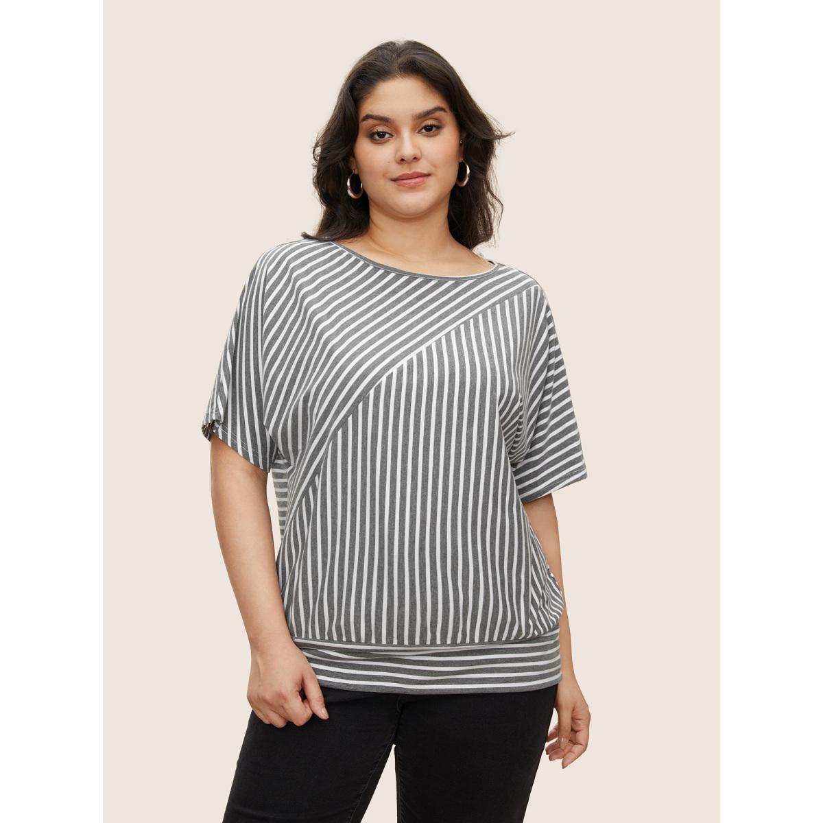Plus Size Stripes Round Neck Dolman Sleeve T-shirt Gray Women Casual Contrast Round Neck Everyday T-shirts BloomChic 22-24/3X Product Image