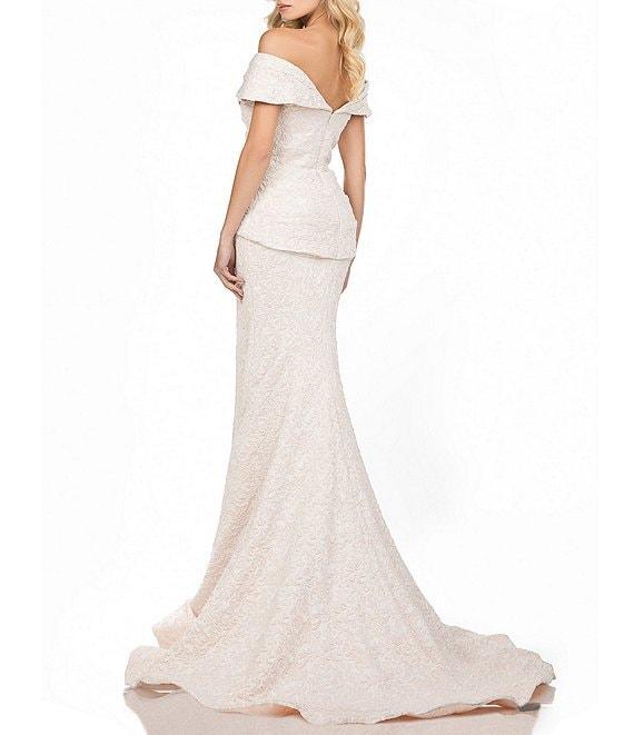 Terani Couture Off-the-Shoulder Short Sleeve Brocade Embellished Belt Mermaid Gown Product Image