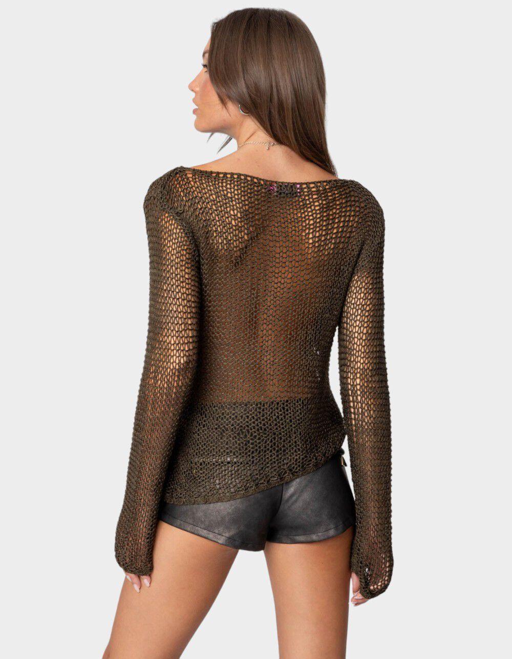 EDIKTED Asymmetric Open Knit Top - DK GREEN Product Image