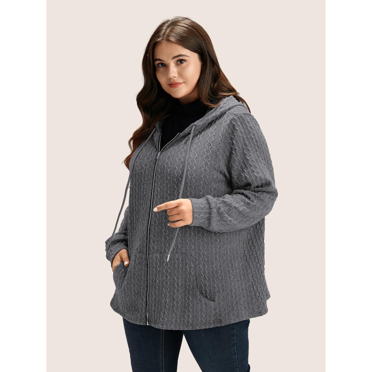 Plus Size Plain Textured Zipper Hooded Sweatshirt Women DarkGray Casual Non Hooded Everyday Sweatshirts BloomChic 22-24/3X Product Image