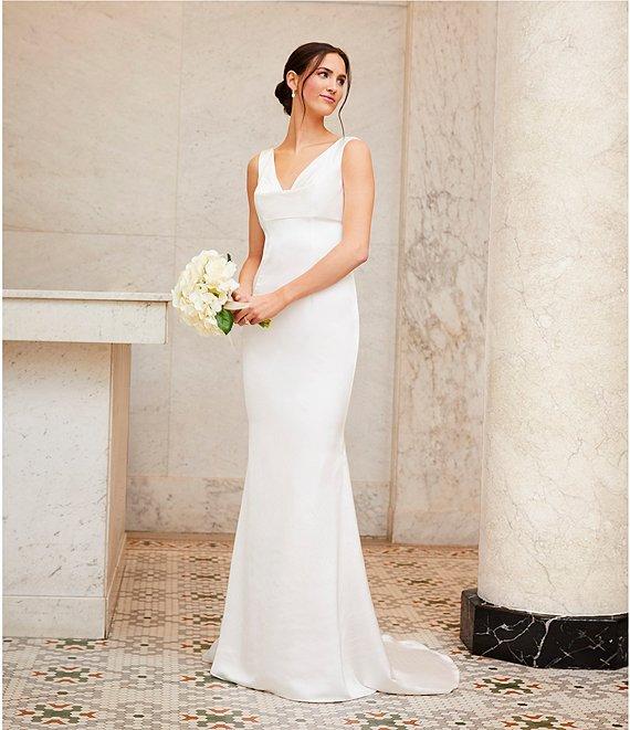 Terani Couture Satin V-Neck Sleeveless V-Back Sheath Gown Product Image