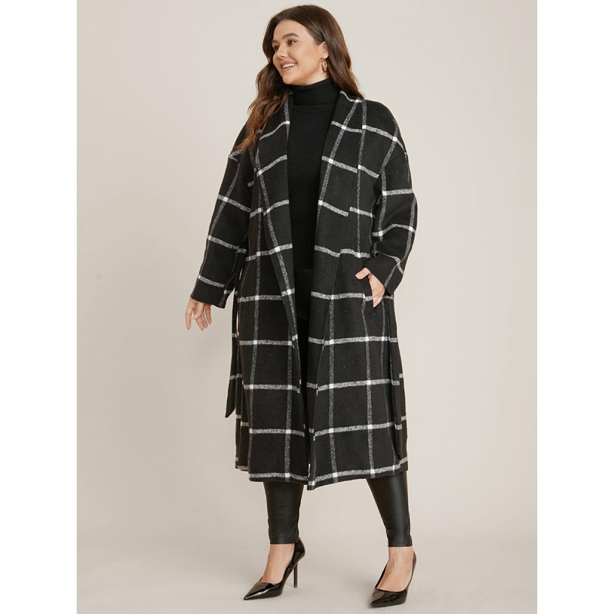 Plus Size Plaid Lapel Collar Pocket Belted Open Front Coat Women Black Elegant Ladies Dailywear Winter Coats BloomChic 30/6X Product Image