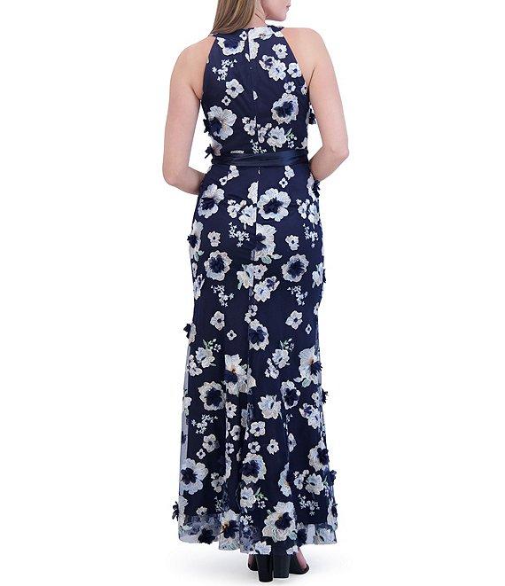 Eliza J 3D Floral Embroidered Mesh Fabrication Halter Neck Sleeveless Tie Front Gown Product Image