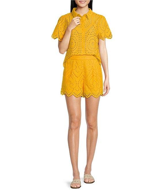 Skies Are Blue Coordinating Eyelet Point Collar Neck Short Sleeve Blouse Product Image