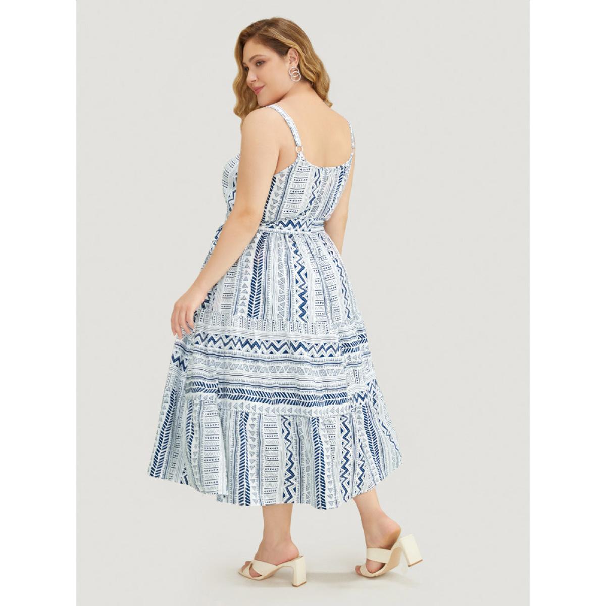 Plus Size Geometric Print Belted Flutter Tiered Pocket Cami Dress Aegean Women Vacation Adjustable Straps Spaghetti Strap Sleeveless Curvy Midi Dress BloomChic 18-20/2X Product Image