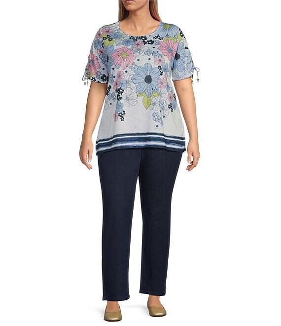 Allison Daley Plus Size Daisy Cascade Border Print Short Ruched Tie Sleeve Crew Neck Knit Top Product Image