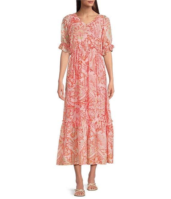 Calessa Paisley V-Neck Elbow Bishop Sleeve Tiered Dress Product Image