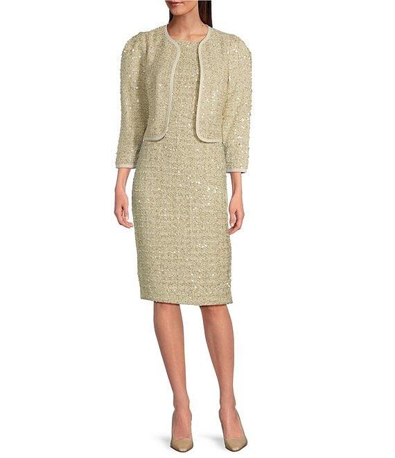 Donna Karan Sequin Tweed Crew Neck 3/4 Sleeve Open Front Coordinating Jacket Product Image
