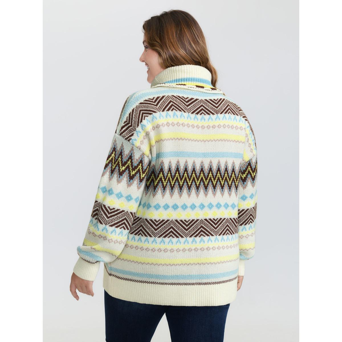 Plus Size Jacquard Boho Print Turtleneck Pullover Ivory Women Playful Loose Long Sleeve Ruffled collar Casual Pullovers BloomChic 30/6X Product Image