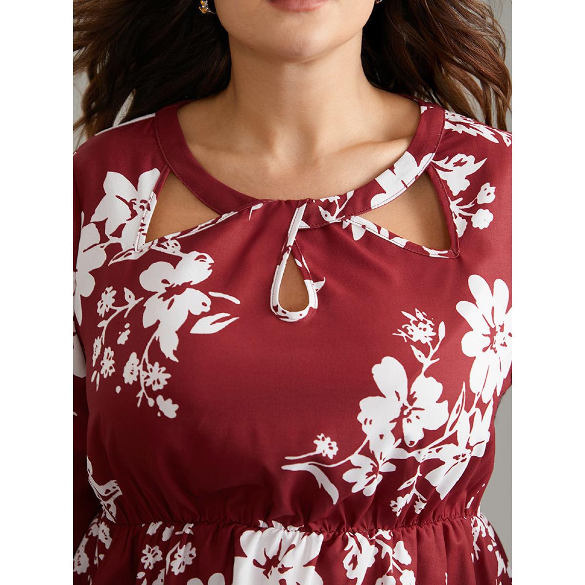 Plus Size Scarlet Silhouette Floral Print Elastic Waist Cut Out Blouse Women Elegant Long Sleeve Round Neck Dailywear Blouses BloomChic 12/L Product Image