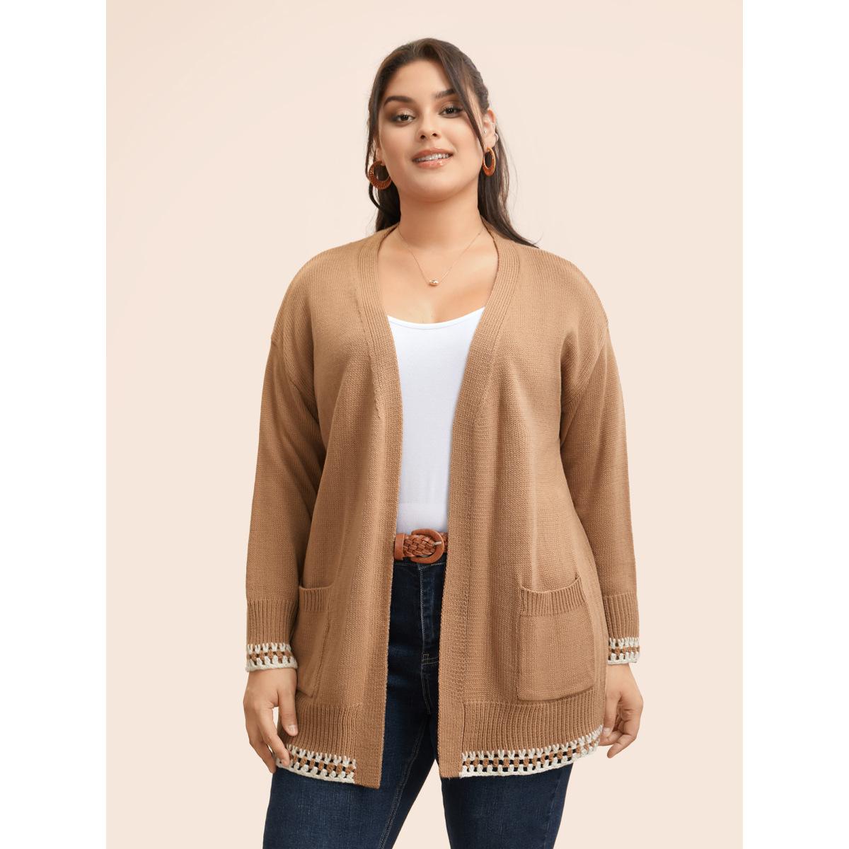 Plus Size Crochet Contrast Wool Blend Cardigan Tan Women Casual Loose Long Sleeve Everyday Cardigans BloomChic 18-20/2X Product Image