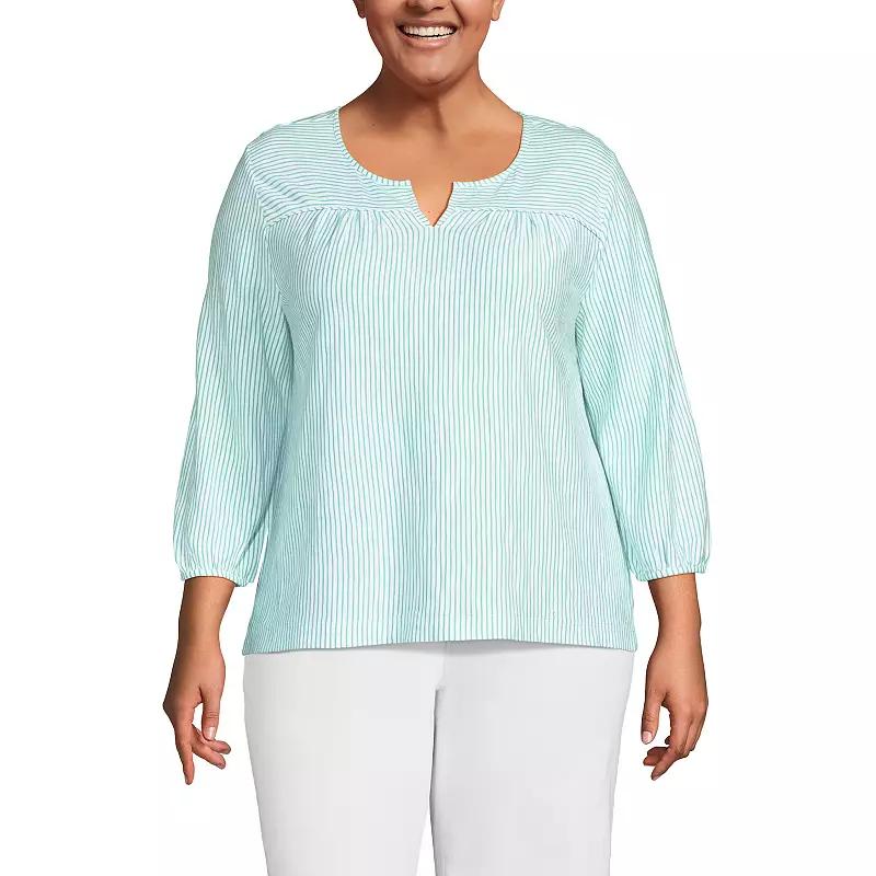 Women's Lands' End Three-Quarter Sleeve Splitneck Slub Top, Size: 1XL, Pink White Stripe Product Image