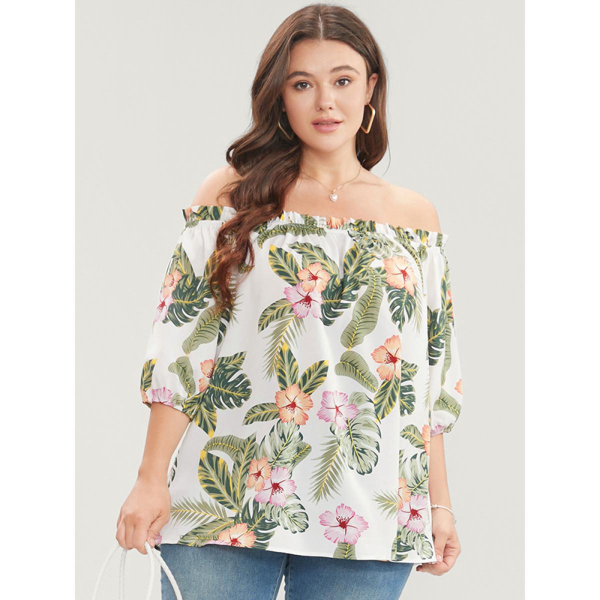 Plus Size White Tropical Print Off Shoulder Lantern Sleeve Blouse Women Vacation Short sleeve One-shoulder neck Dailywear Blouses BloomChic 28/5X Product Image