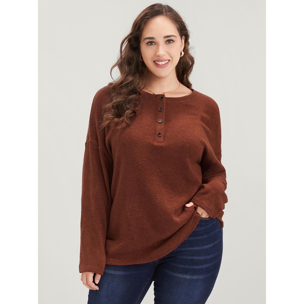 Plus Size Solid Button Up Round Neck Sweatshirt Women Rust Elegant Button Round Neck Dailywear Sweatshirts BloomChic 12/L Product Image