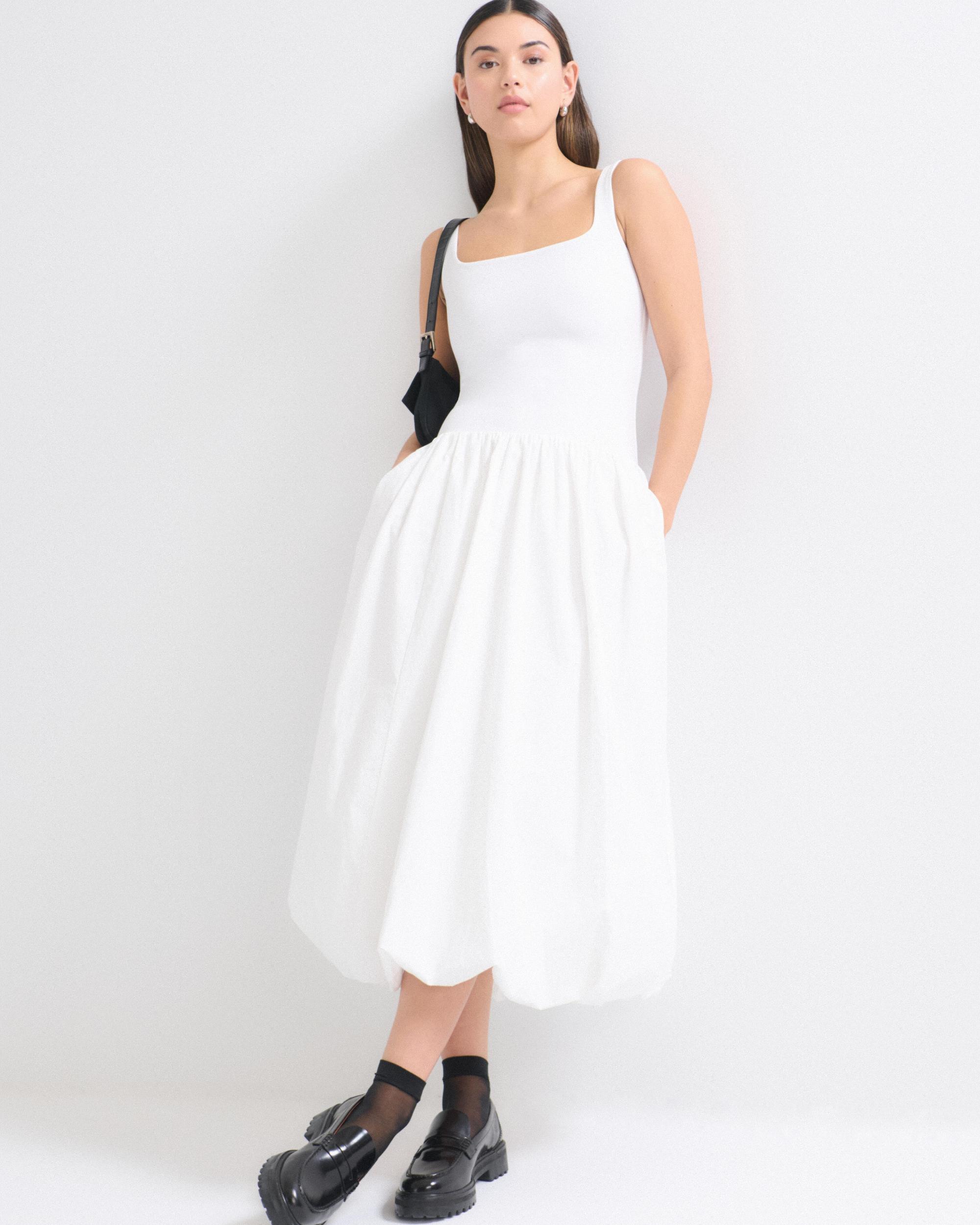 Mixed Fabric Bubble Hem Midi Dress Product Image