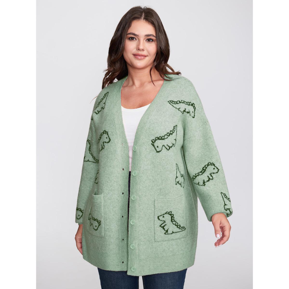 Plus Size Jacquard Dinosaur Print Knit Cardigan Greenbean Women Playful Loose Long Sleeve Casual Cardigans BloomChic 30/6X Product Image