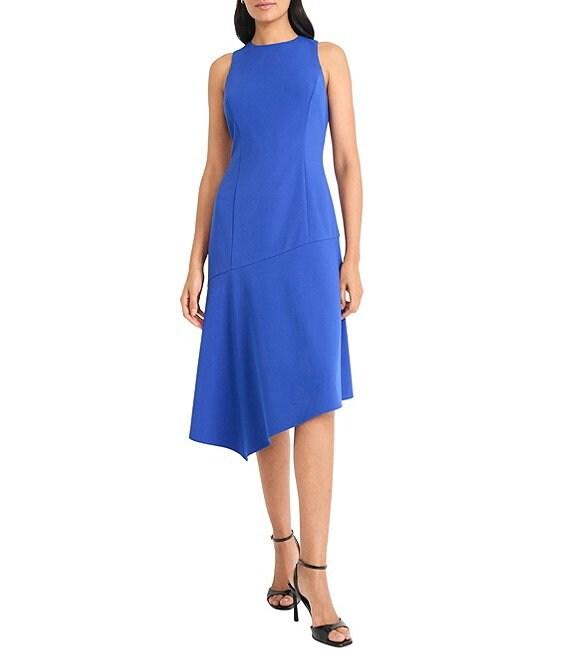 Maggy London Crew Neck Sleeveless Scuba Crepe Asymmetrical Hem Midi Dress Product Image