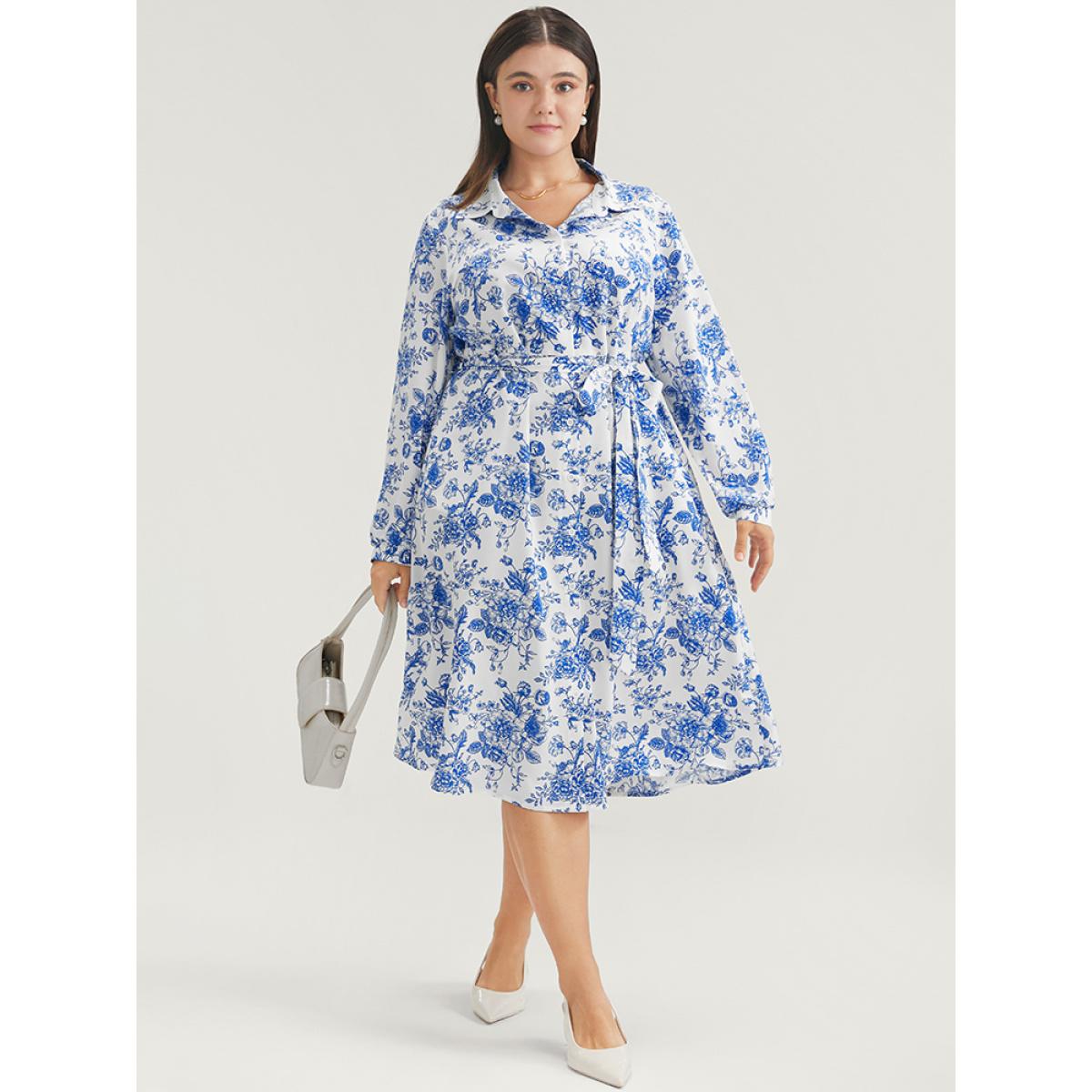 Plus Size Floral Button Up Pocket Belted Lapel Collar Dress WhiteSmoke Women Office Belted Lapel Collar Long Sleeve Curvy Knee Dress BloomChic 22-24/3X Product Image