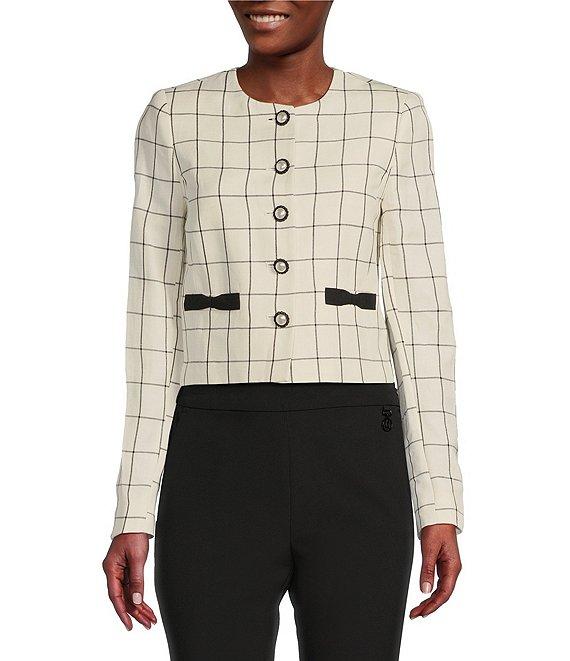 KARL LAGERFELD PARIS Woven Windowpane Collarless Long Sleeve Cropped Button Front Jacket Product Image