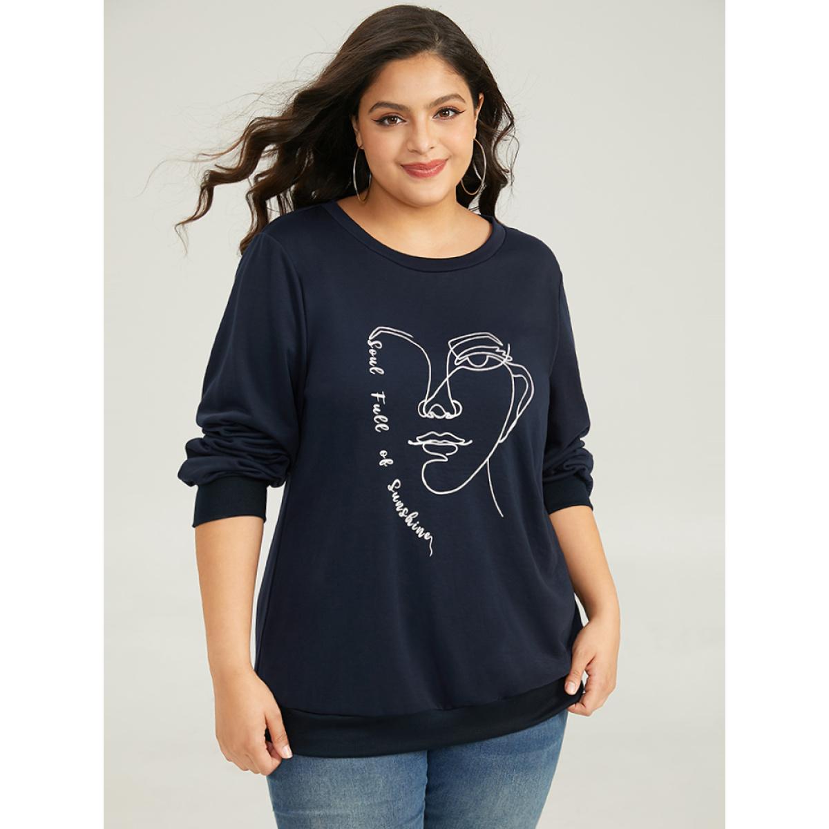 Plus Size Art Figure Elastic Cuffs Crew Neck Sweatshirt Women Indigo Casual Elastic cuffs Dailywear Sweatshirts BloomChic 28/5X Product Image