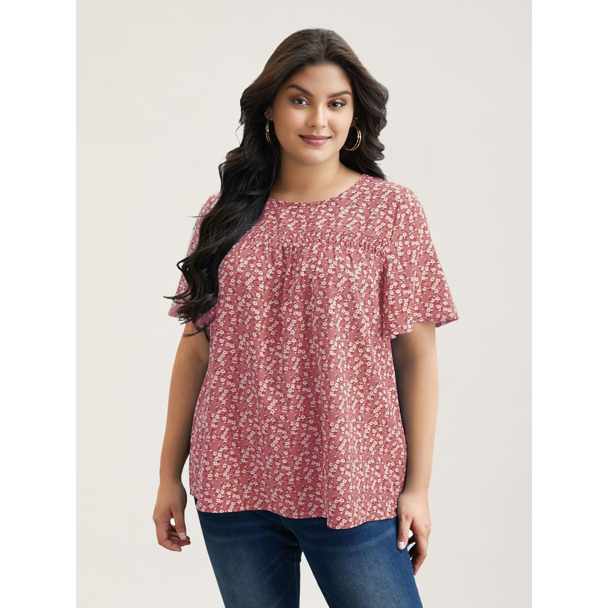 Plus Size Watermelon Floral Ruffle Sleeve Gathered Round Neck Blouse Women Leisure Short sleeve Round Neck Casual Blouses BloomChic 10/M Product Image