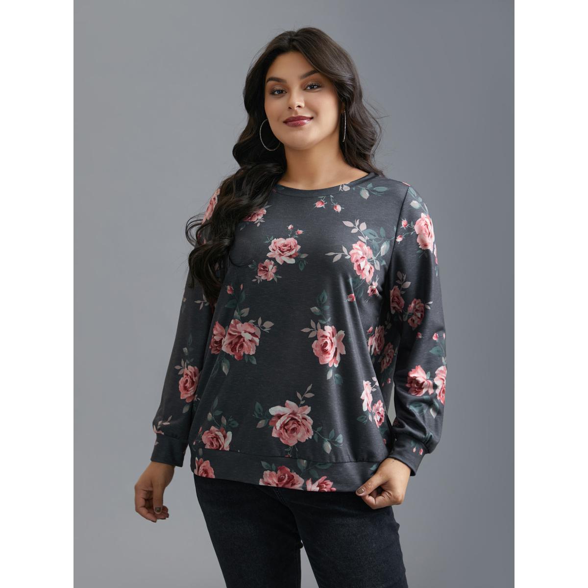 Plus Size Stretchy Floral Paint Sweatshirt Women BlackFlower Casual Contrast Round Neck Everyday Sweatshirts BloomChic 18-20/2X Product Image