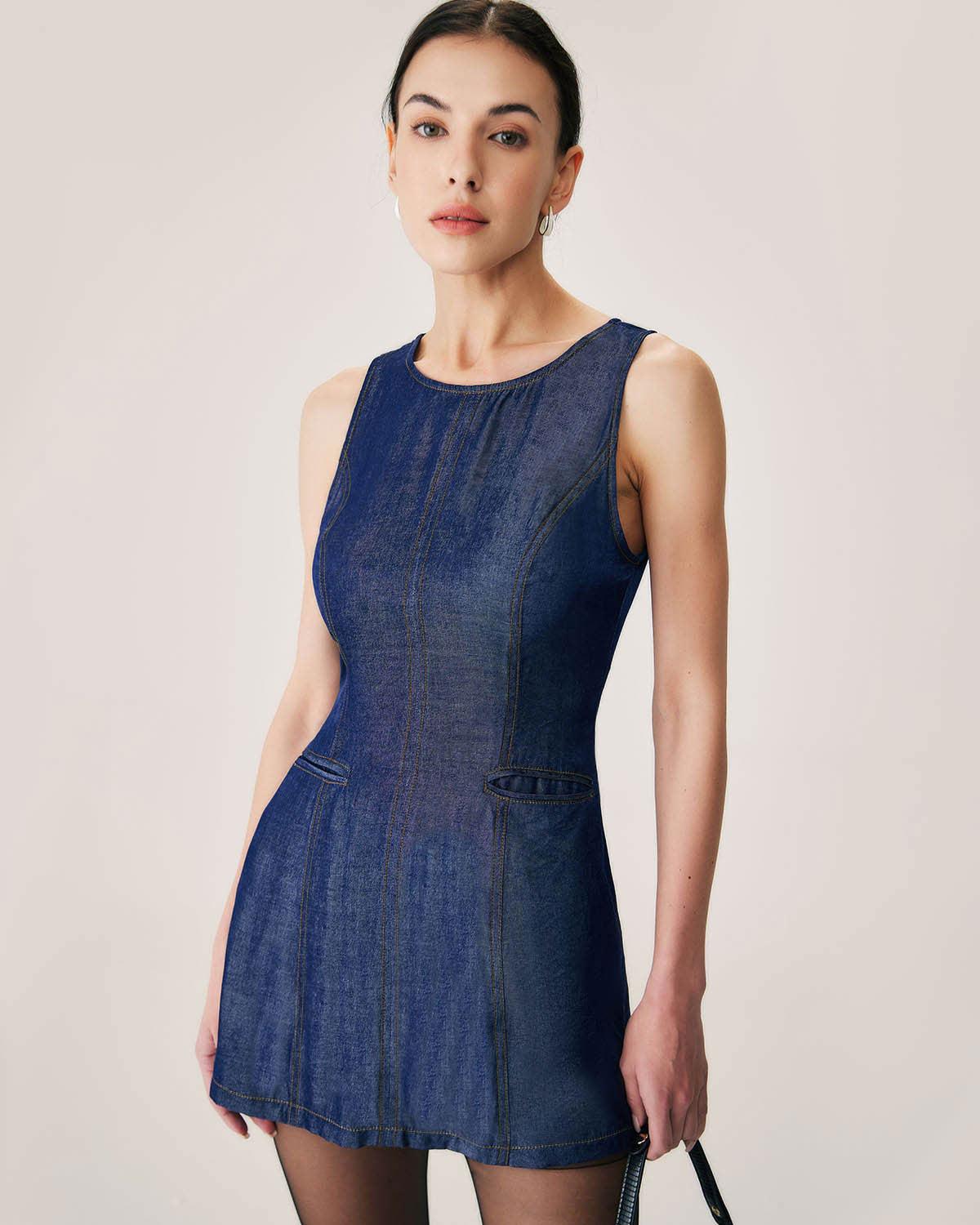 Blue Sleeveless Pocket Mini Dress Product Image