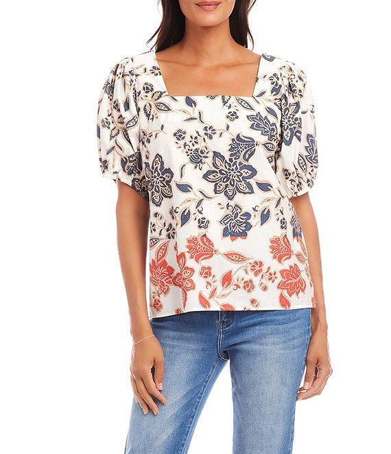 Karen Kane Poplin Batik Print Square Neck Puffed Short Sleeve Top Product Image