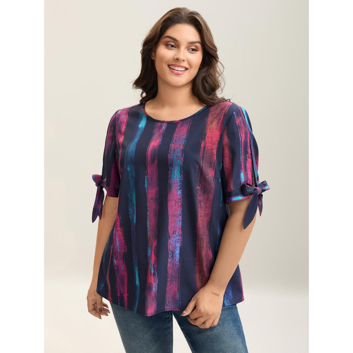 Plus Size Multicolor Irregular Stripes Sleeve Tie Blouse Women Leisure Short sleeve Round Neck Casual Blouses BloomChic 12/L Product Image