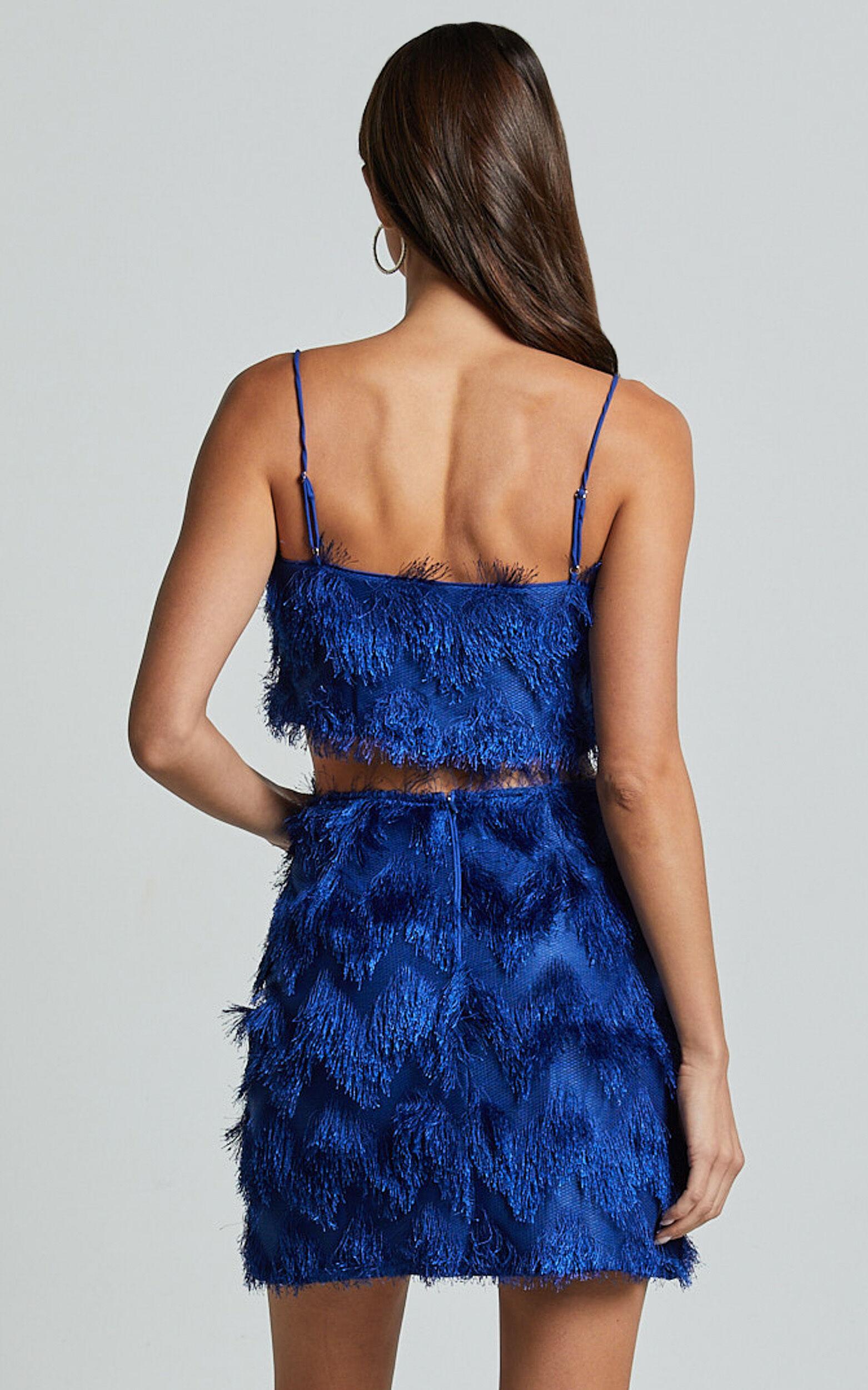 Shelby Mini Skirt - High Waist Fringe Skirt in Cobalt Blue Product Image