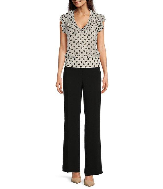 KARL LAGERFELD PARIS Crepe Dotted V-Neck Sleeveless Ruffle Blouse Product Image
