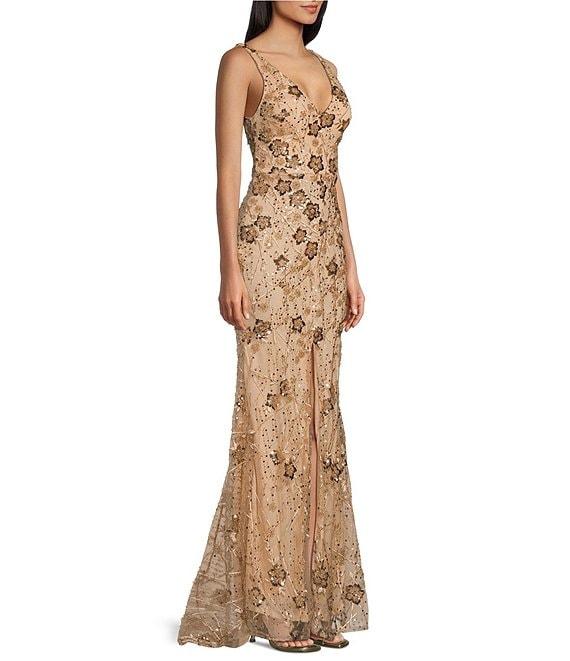 B. Darlin Wide Straps V-Neck Mesh Beaded & Sequined Long Dress Product Image