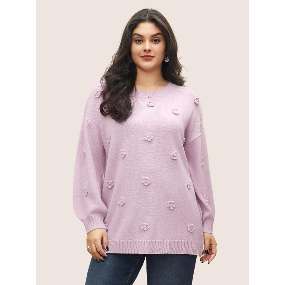 Plus Size Stereo Flower Design Drop Shoulder Pullover Lilac Women Elegant Long Sleeve Round Neck Everyday Pullovers BloomChic 10/M Product Image