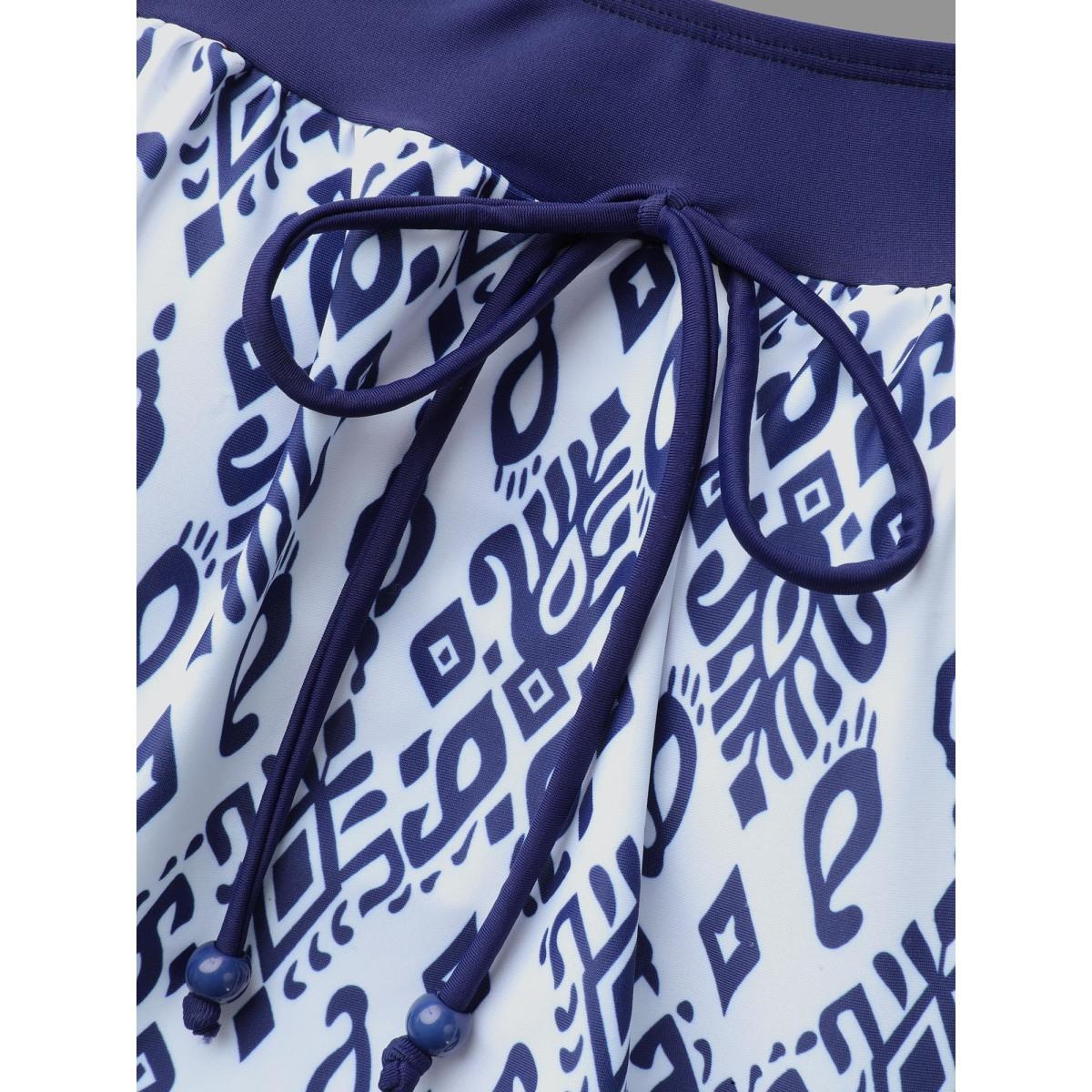 Plus Size Boho Print Ties Adjustable Straps Swim Top Women's Swimwear Indigo Beach Patchwork High stretch Bodycon Square Neck Curve Swim Tops BloomChic 28/5X Product Image