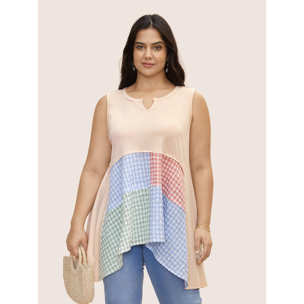 Plus Size Notched Collar Gingham Contrast Patchwork Tank Top Women Apricot Resort Contrast Notched collar Vacation Tank Tops Camis BloomChic 28/5X Product Image