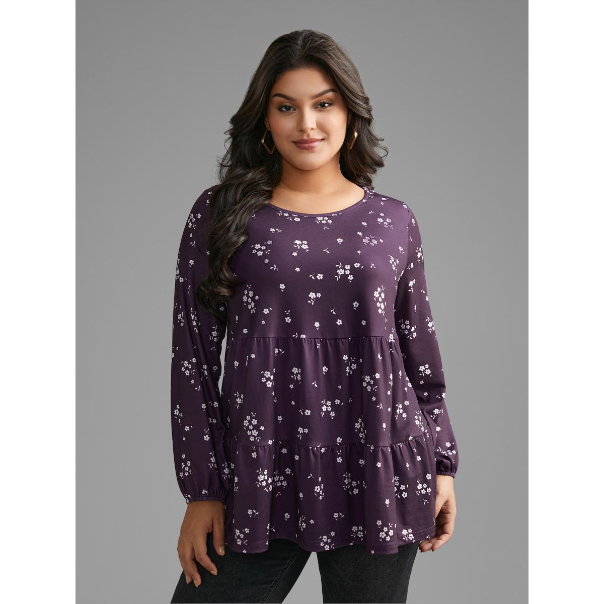 Plus Size Ditsy Floral Gathered Ruffle Hem T-shirt Eggplant Women Casual Gathered Natural Flowers Round Neck Loose Everyday T-shirts BloomChic 14-16/1X Product Image