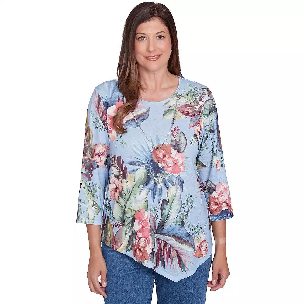 Petite Alfred Dunner Tropical Print Knit Top with Necklace, Women's, Size: Small Petite, Light Blue Product Image