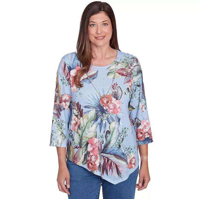 Petite Alfred Dunner Tropical Print Knit Top with Necklace, Women's, Size: Small Petite, Light Blue Product Image
