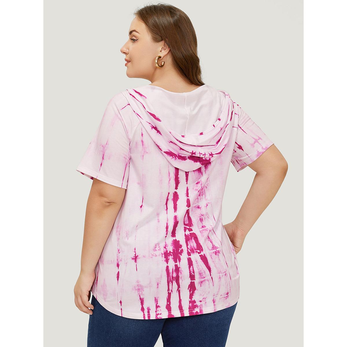 Plus Size Tie Dye Curved Hem Pocket Hooded T-shirt Multicolor Women Casual Arc Hem Tie Dye Hooded Dailywear T-shirts BloomChic 22-24/3X Product Image