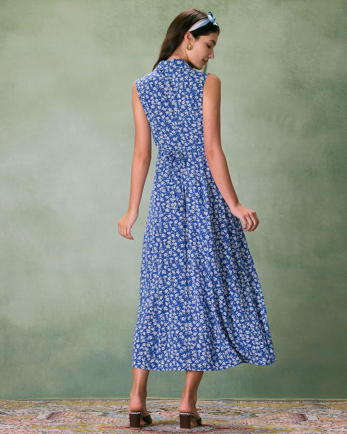 The Blue Collared Button-up Floral Maxi Dress Product Image