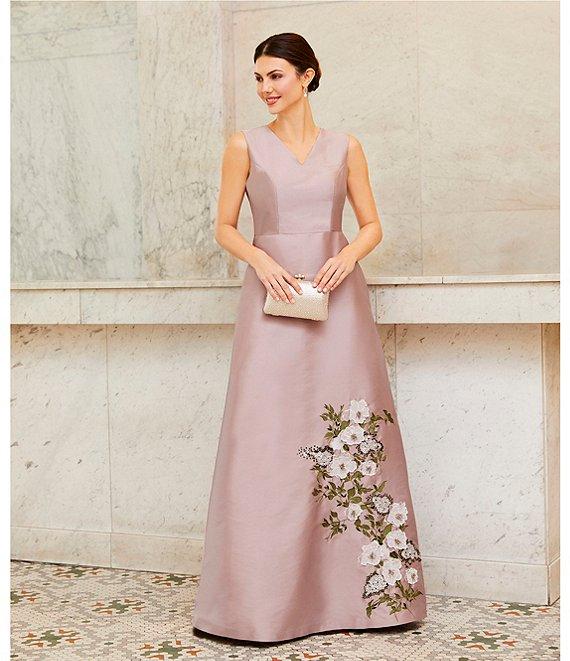 Kay Unger Mikado Placement Floral Print V Neck Sleeveless A-Line Gown Product Image