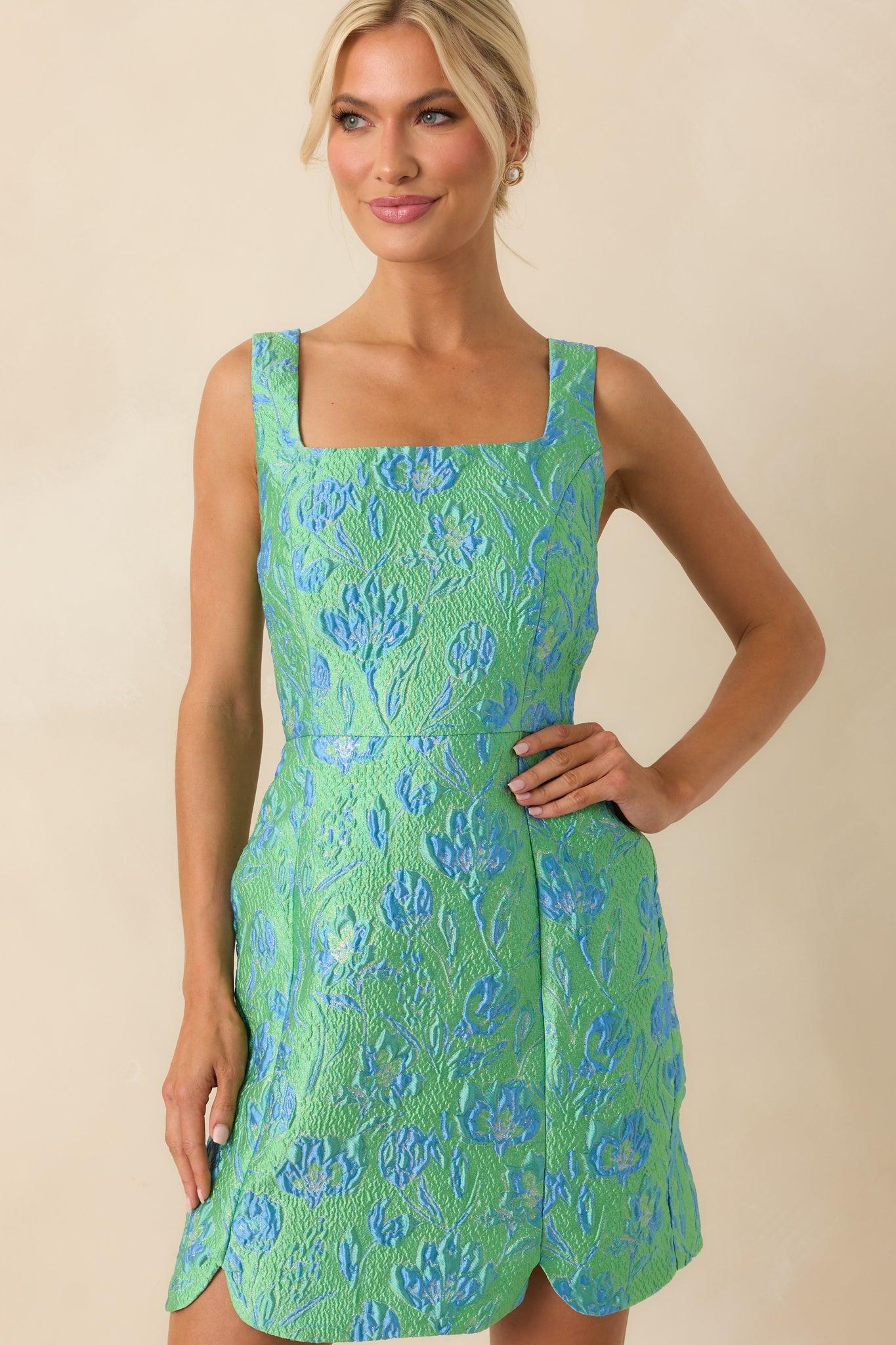 Just Look At Her Green Floral Print Jacquard Mini Dress Product Image