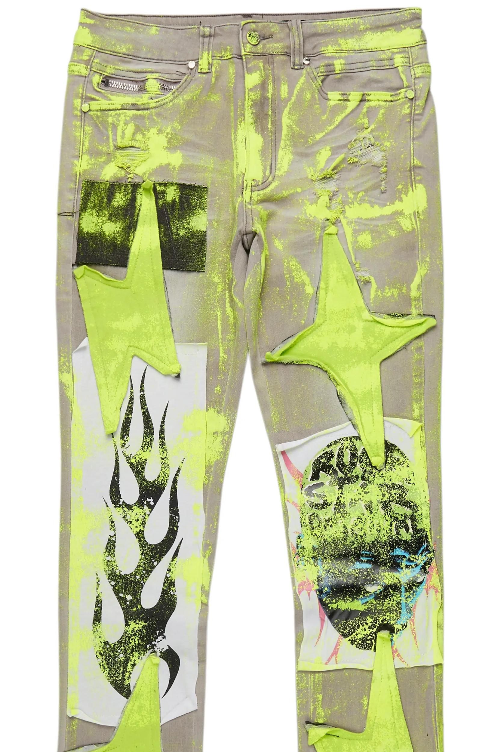 Edge Grey/Yellow Roller Paint Stacked Flare Jean Male Product Image