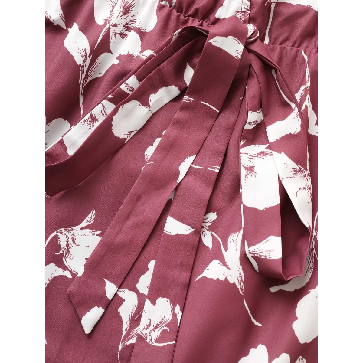 Plus Size Floral Ruffle Knot Side Wrap Dress DustyPink Women Elegant Ruffles V-neck Short sleeve Curvy Midi Dress BloomChic 22-24/3X Product Image