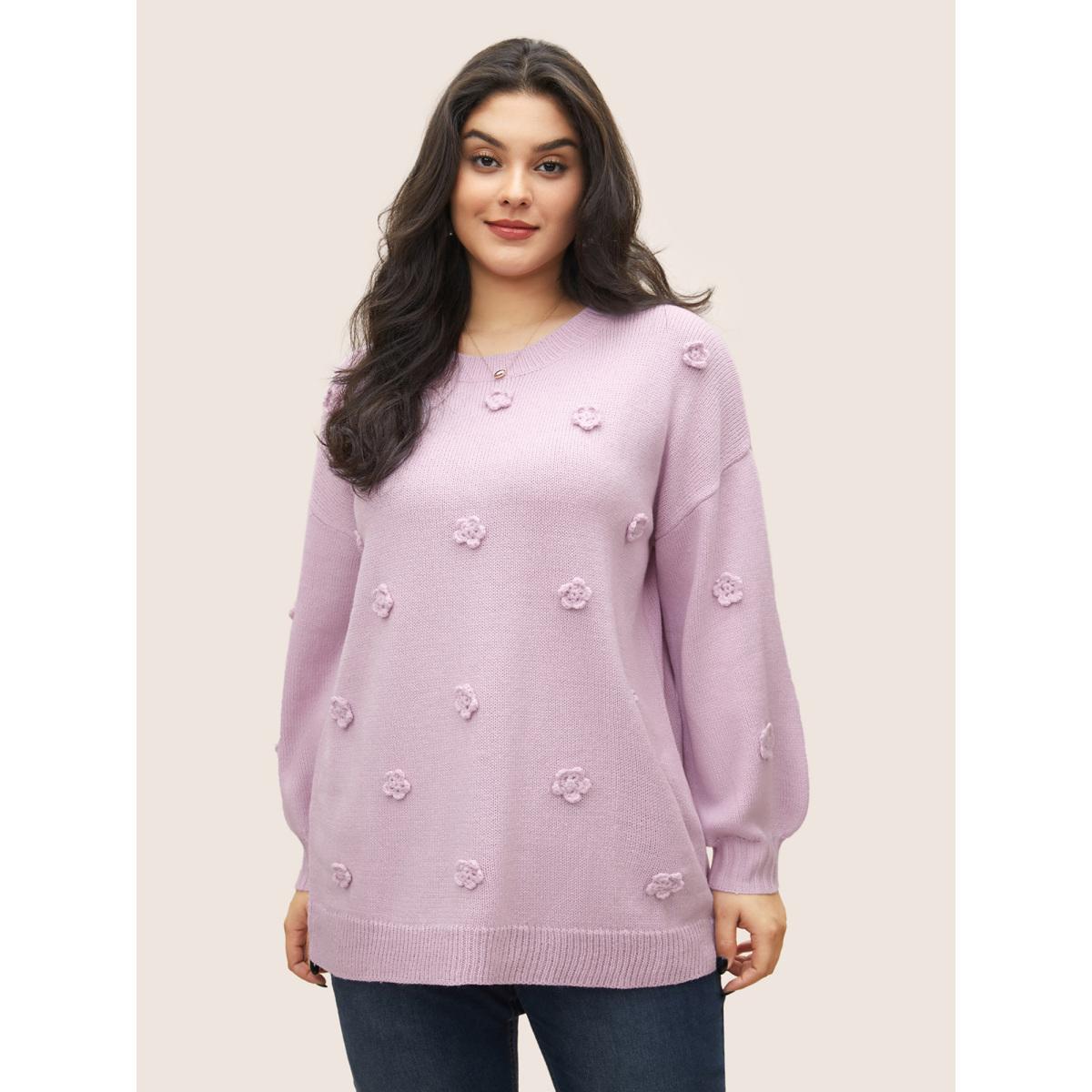 Plus Size Stereo Flower Design Drop Shoulder Pullover Lilac Women Elegant Long Sleeve Round Neck Everyday Pullovers BloomChic 10/M Product Image