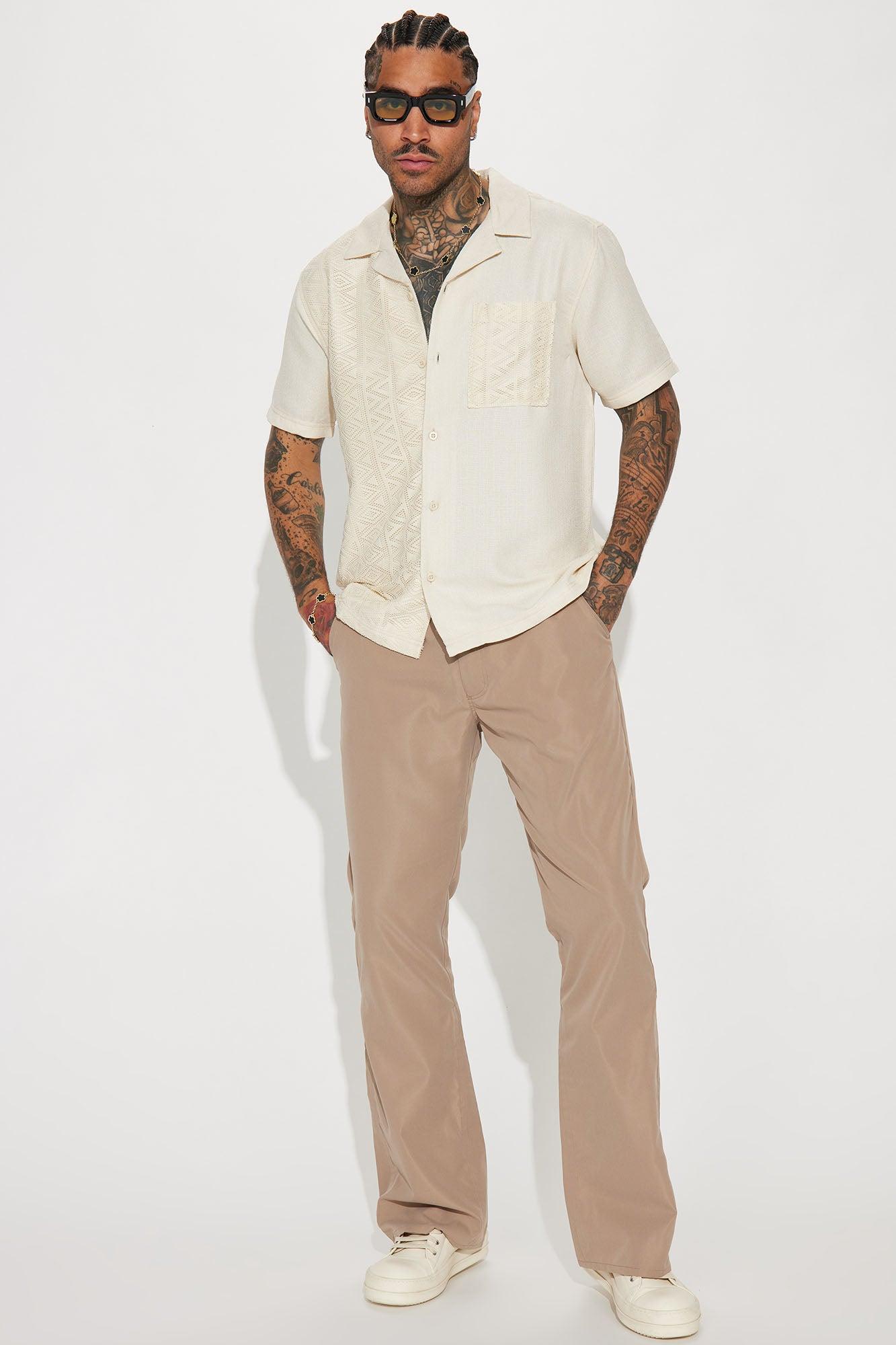 Half Crochet Pattern Short Sleeve Button Up Shirt - Cream Product Image