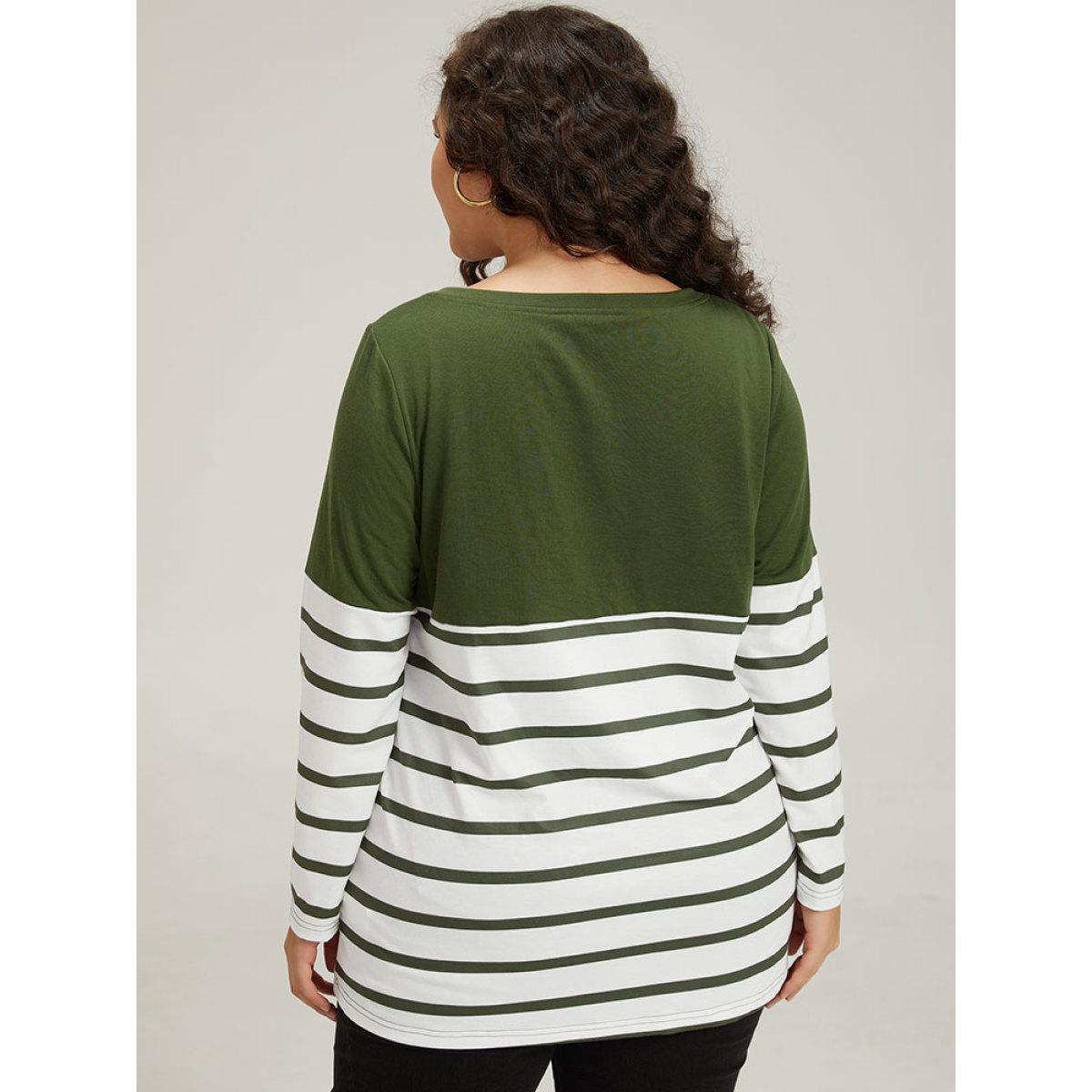 Plus Size Striped Patchwork Contrast V Neck Sweatshirt Women Green Casual Contrast V-neck Dailywear Sweatshirts BloomChic 10/M Product Image