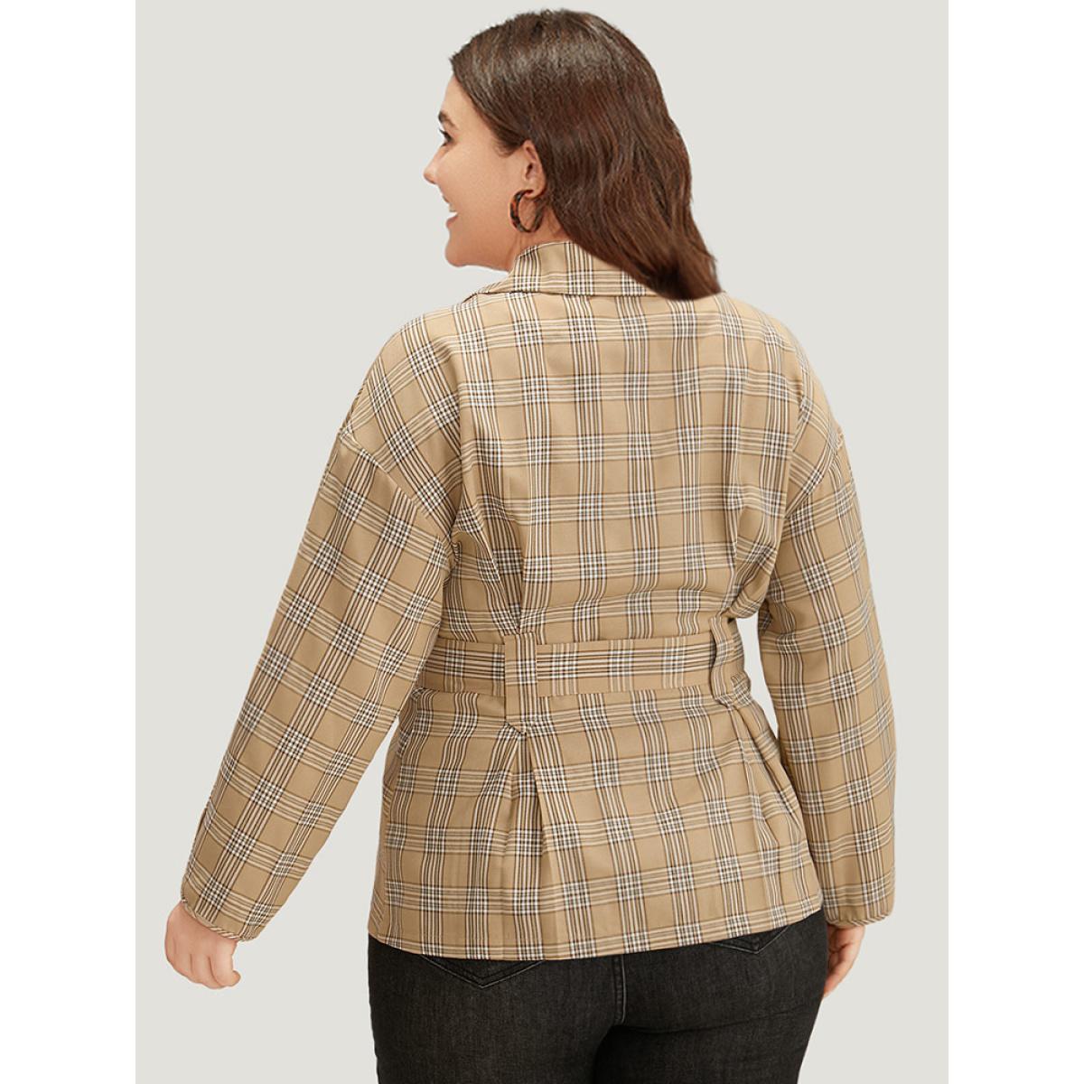 Plus Size Plaid Metal Buckle Detail Pleated Coat Women Tan Casual Belted Ladies Dailywear Winter Coats BloomChic 22-24/3X Product Image