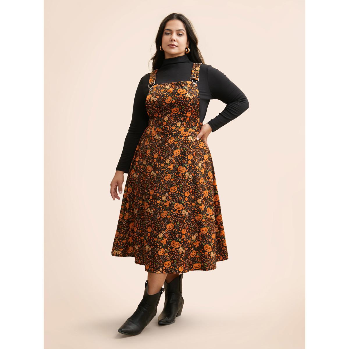 Plus Size Pumpkin Print Suspender Midi Dress Black Women Casual Non Party Curvy Bloomchic 18-20/2X Product Image