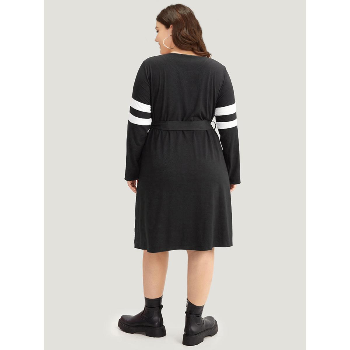 Plus Size Colorblock Patchwork Zipper Belted Dress Black Women Casual Belted Round Neck Long Sleeve Curvy Midi Dress BloomChic 30/6X Product Image
